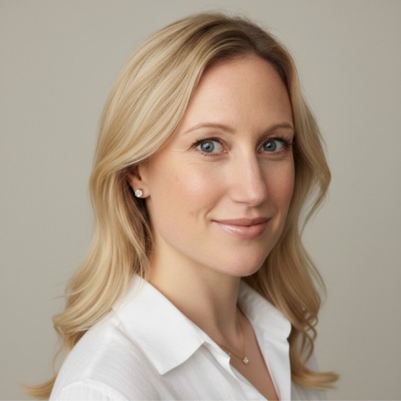 a woman with blonde hair, smiling at the camera.